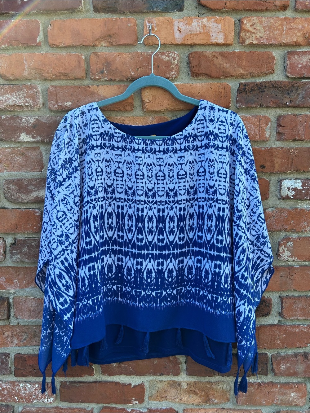 Ruby Rd. Women's Blue Dolman Sleeve Layered Tassels Blouse LP